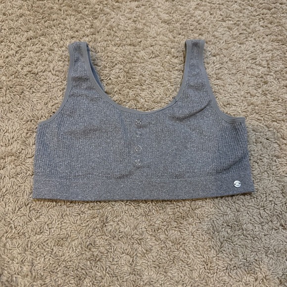 Lucky Brand Sports Bra Yoga Workout‎ Gray Pink Striped Size Medium Ribbed Gym - Picture 1 of 4